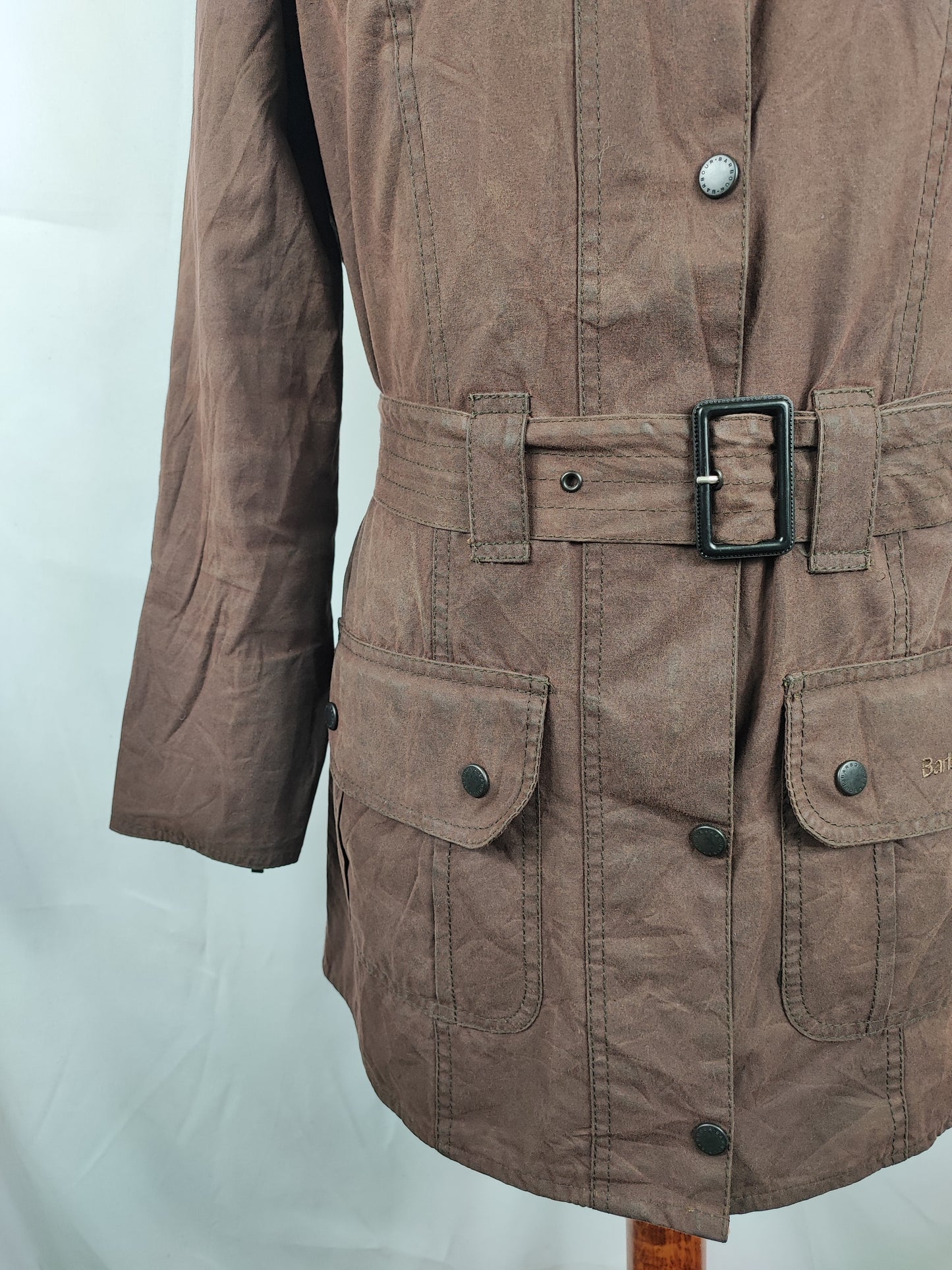 Giacca Barbour Donna con cintura marrone utility mac UK12 tg.42 - Brown Waxed Utility Mac Jacket UK12