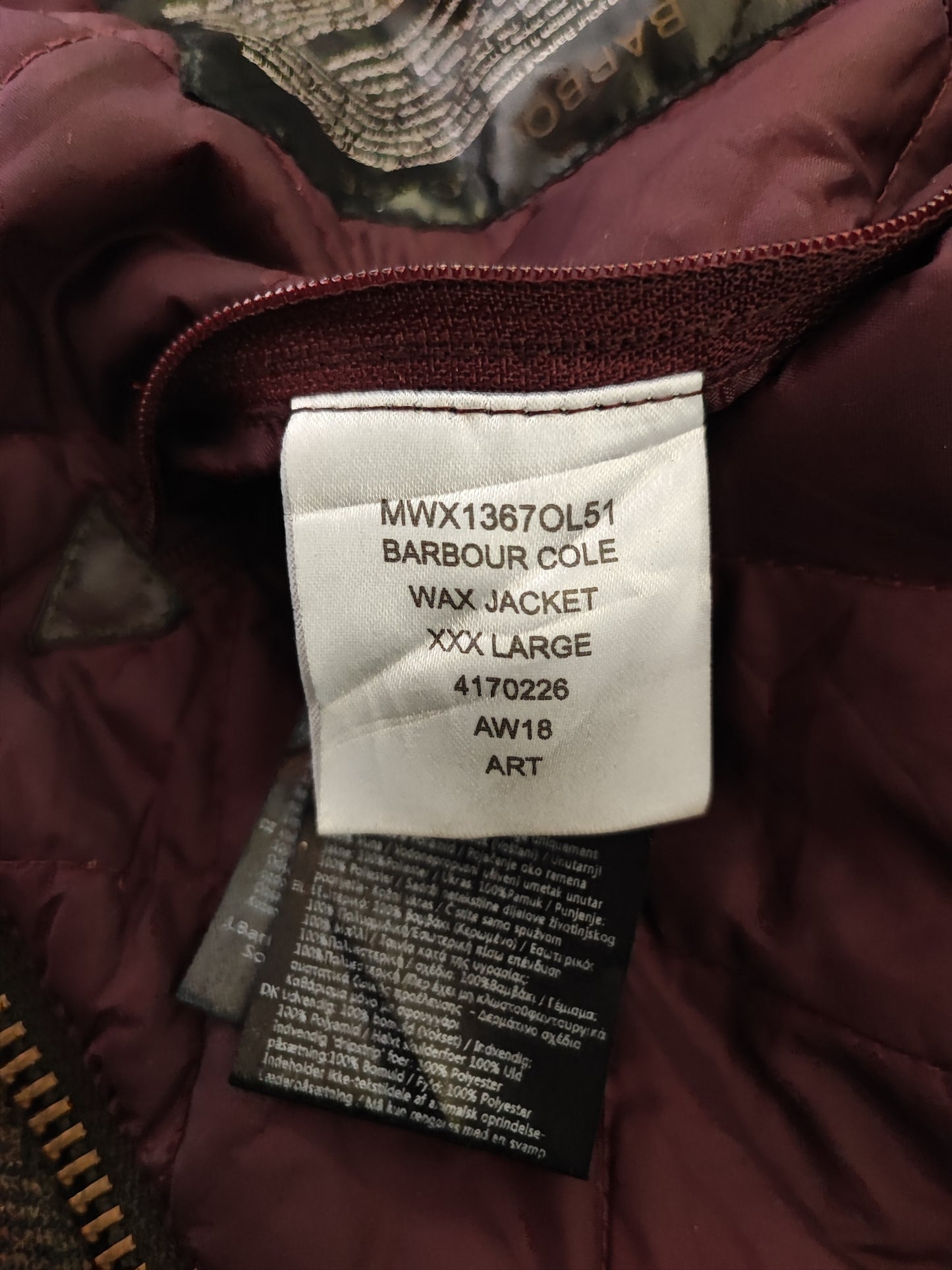 Barbour Giacca uomo Verde Taglia 3xl  Man Olive Waxed Cole Jacket Size 3XLarge