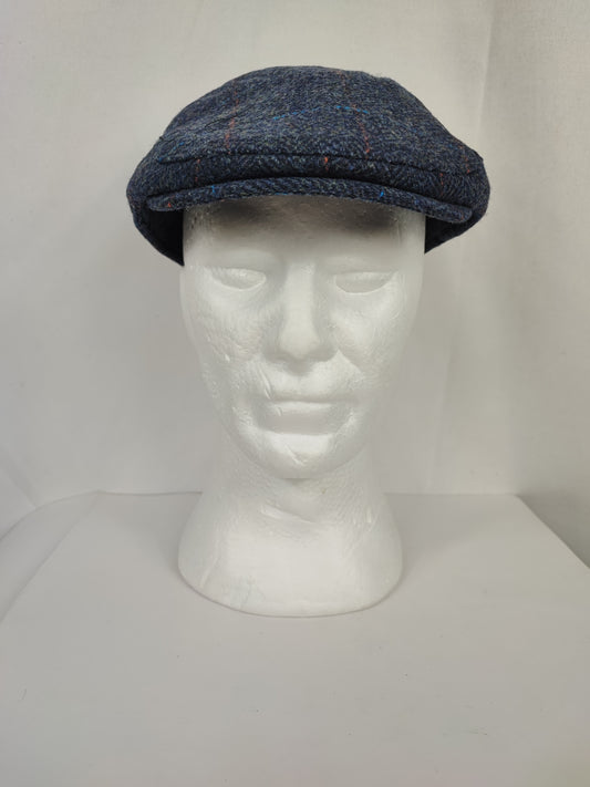 Coppola nuova inglese in lana liscia blu con righe colorate - Wool Navy Herringbone flat cap