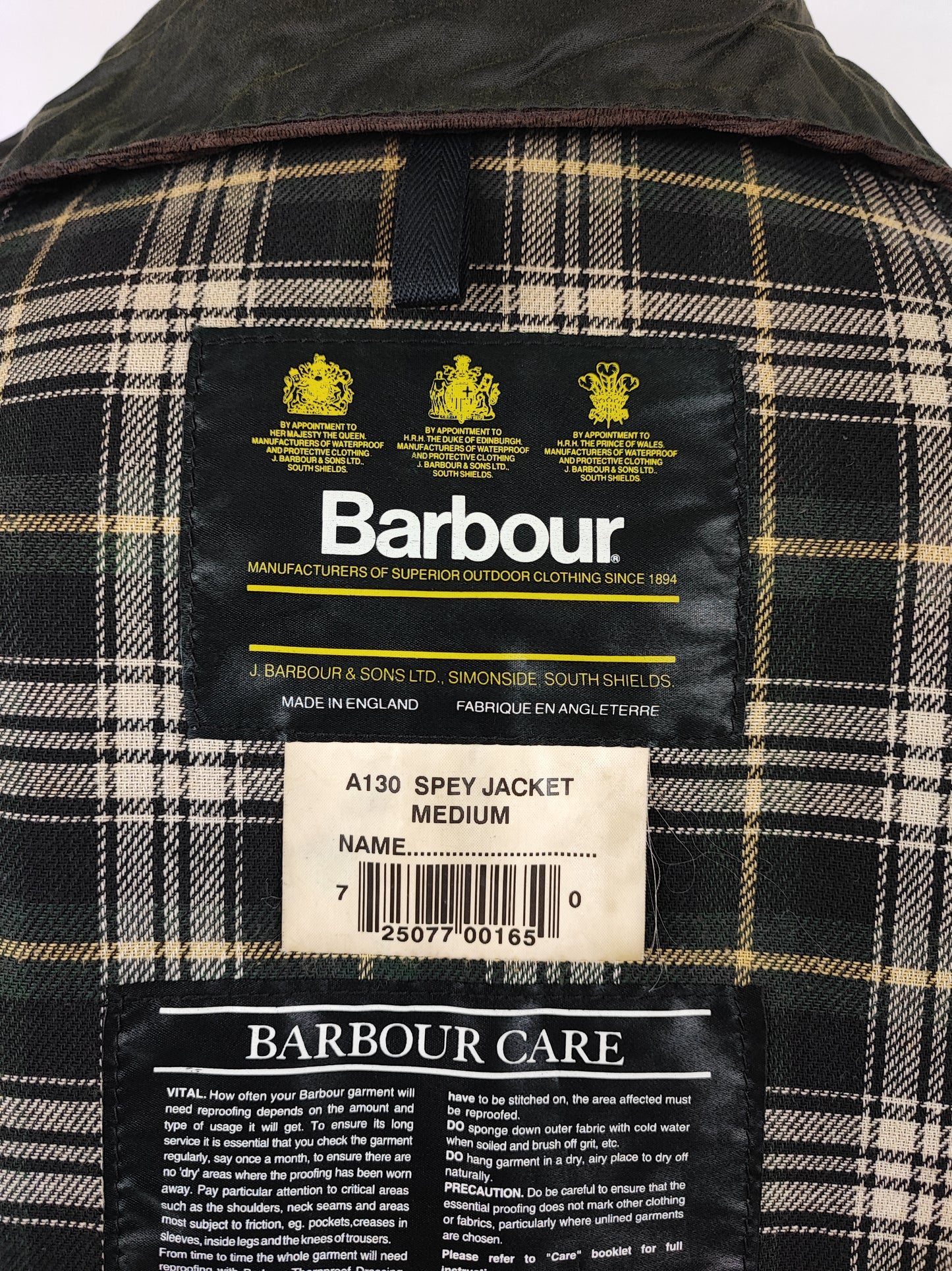 RARO Barbour Spey A130 Verde Medium - Rare Green Spey Waxed Jacket Size Medium A130
