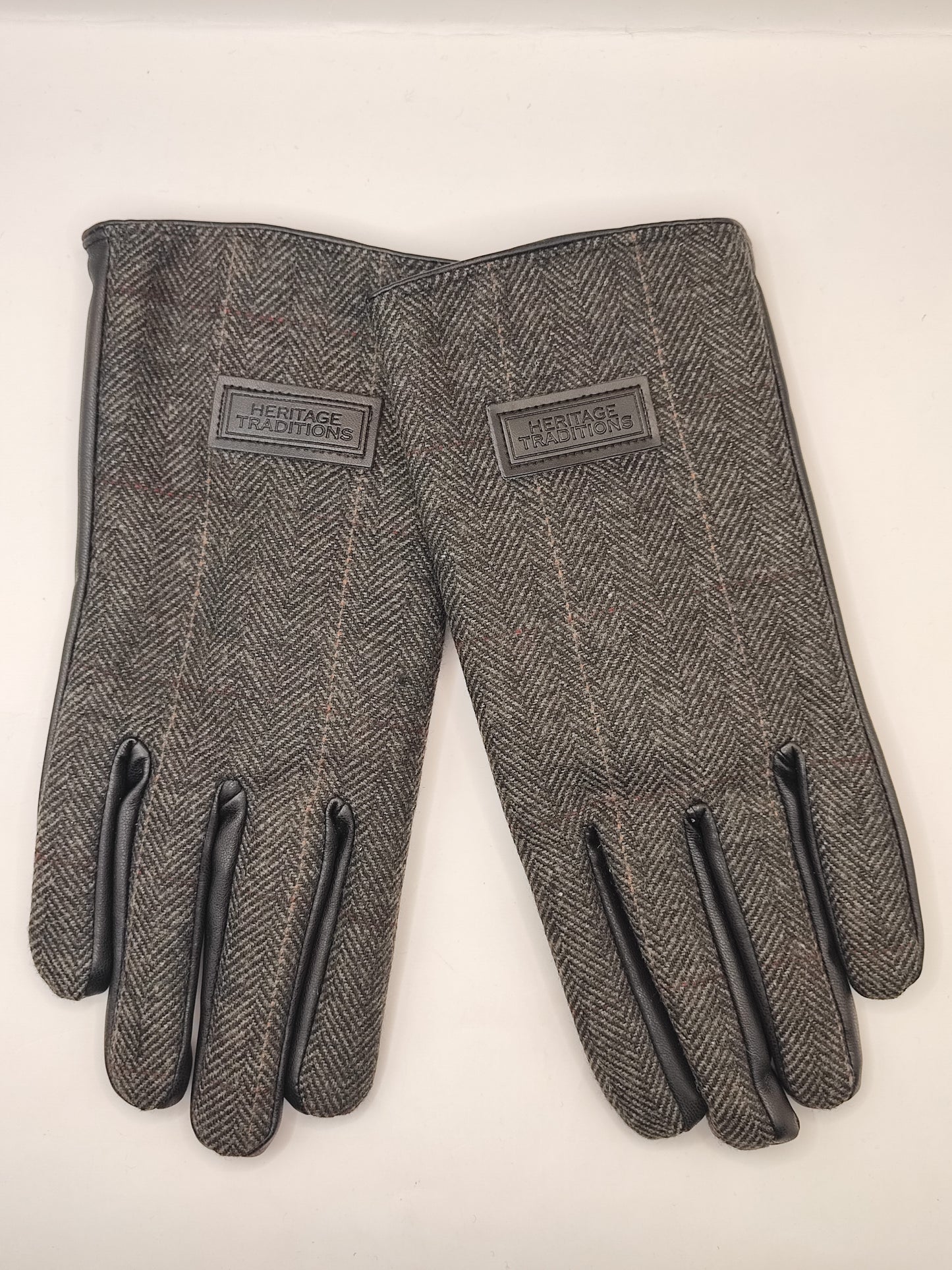 Guanti nuovi inglesi in lana grigio a spina di pesce e ecopelle