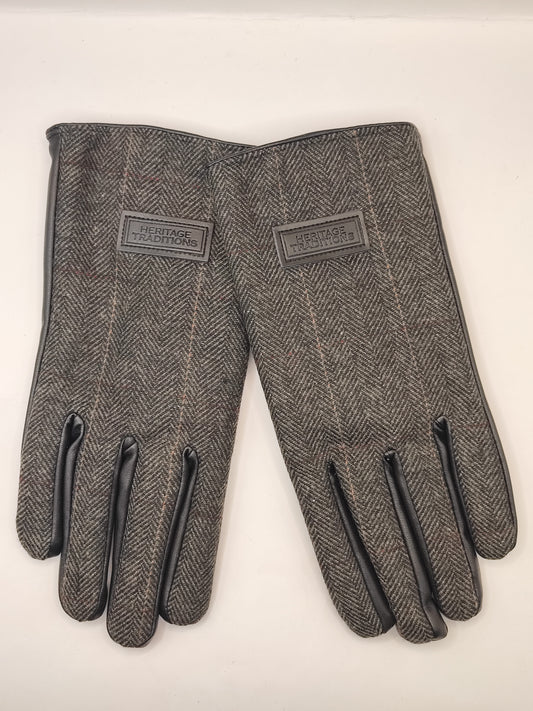 Guanti nuovi inglesi in lana grigio a spina di pesce e ecopelle