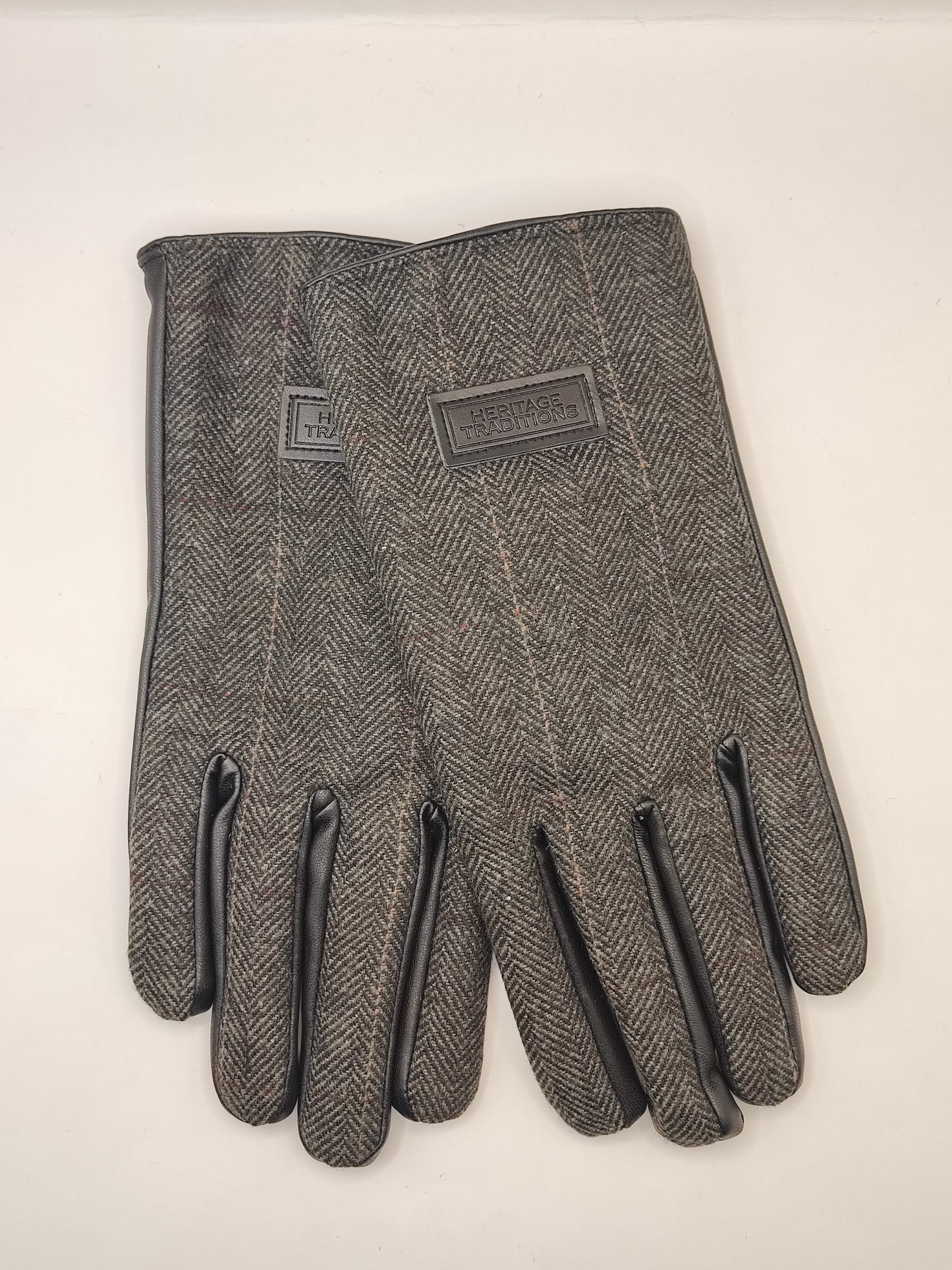 Guanti nuovi inglesi in lana grigio a spina di pesce e ecopelle