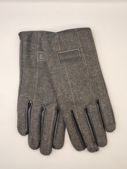 Guanti nuovi inglesi in lana grigio a spina di pesce e ecopelle