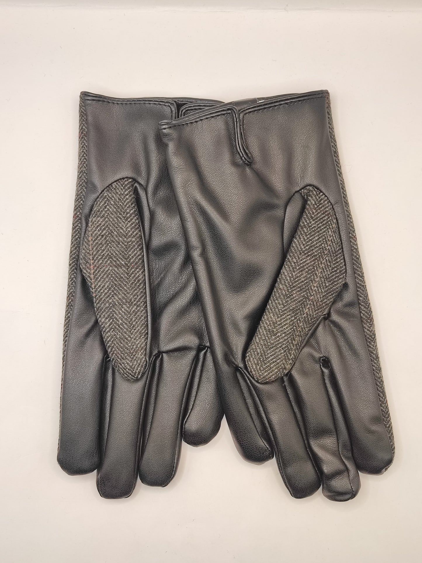 Guanti nuovi inglesi in lana grigio a spina di pesce e ecopelle