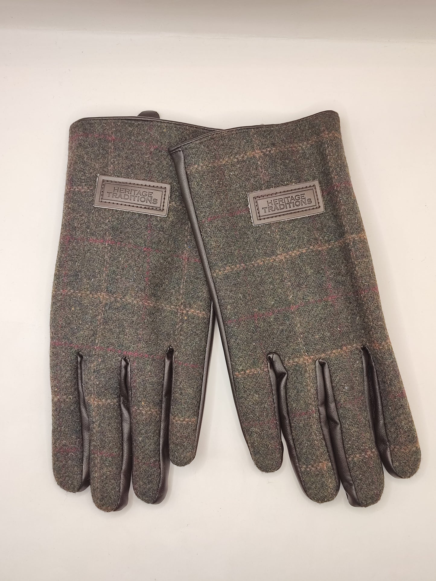 Guanti nuovi inglesi in lana verde scuro e ecopelle