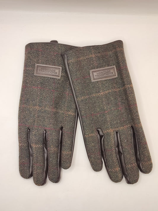 Guanti nuovi inglesi in lana verde scuro e ecopelle