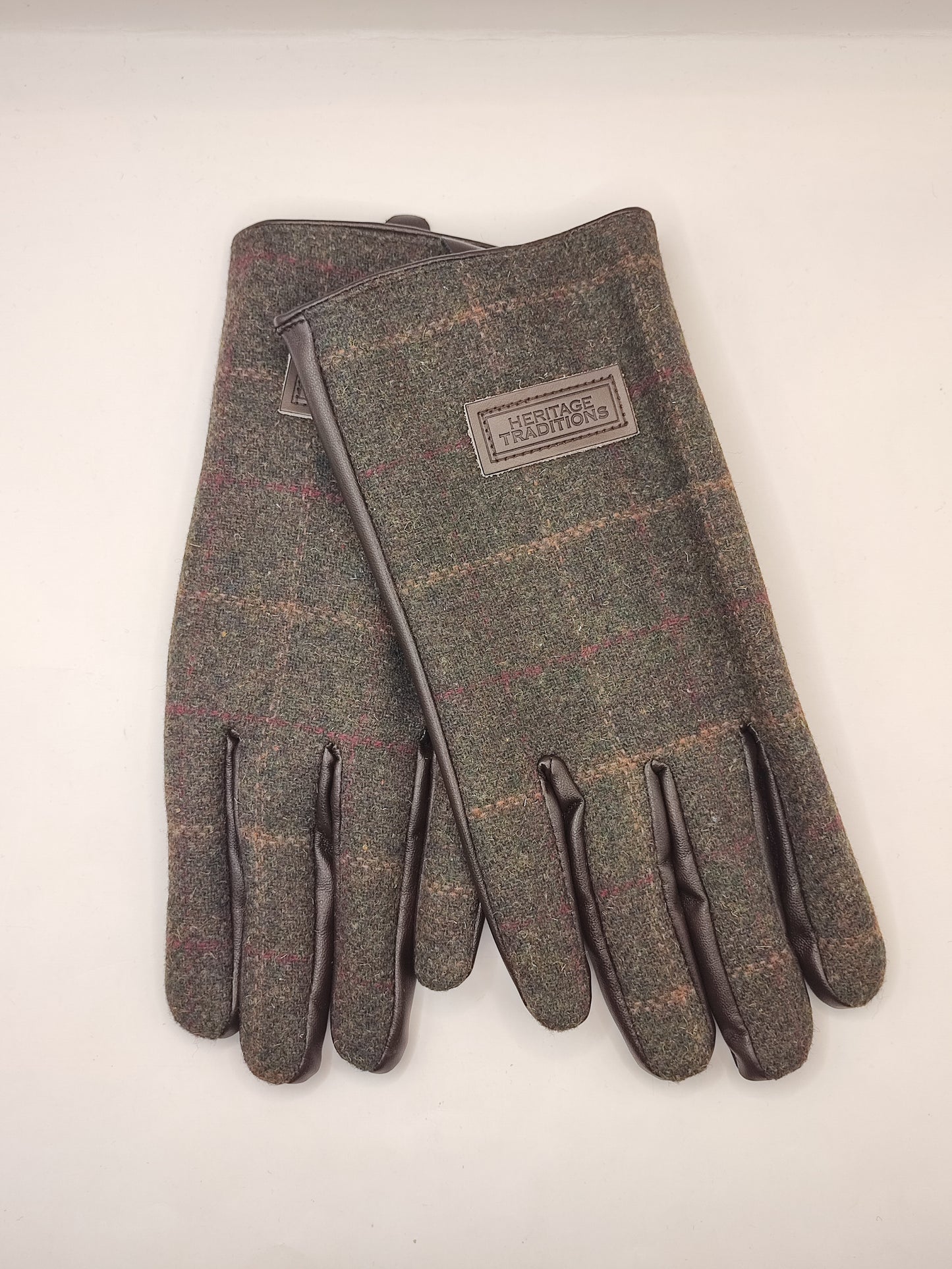 Guanti nuovi inglesi in lana verde scuro e ecopelle