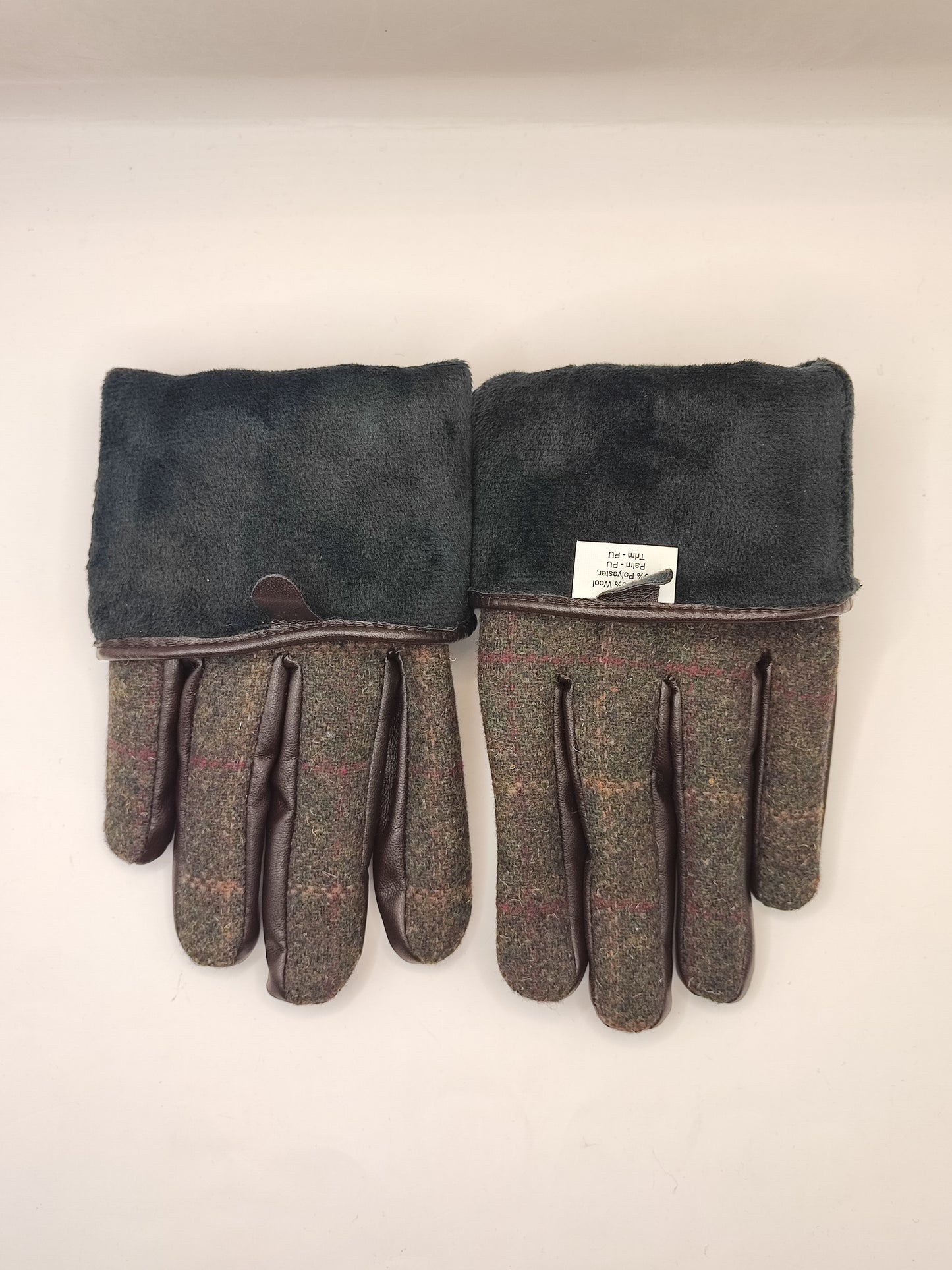 Guanti nuovi inglesi in lana verde scuro e ecopelle