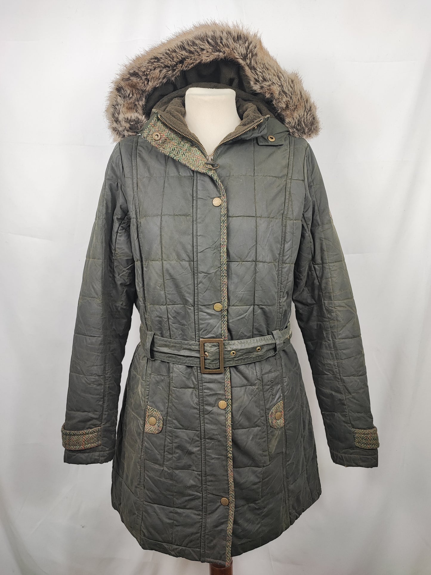 Giacca Barbour da Donna verde in cotone cerato uk 12 tg.42 Olive Lady winter coat with hood size M