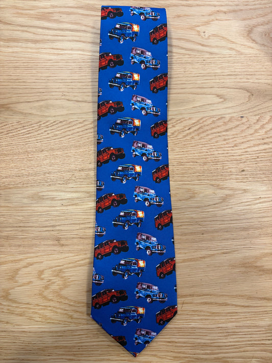 Cravatta inglese blu indigo con jeep stampate- Blue Jeep English Tie