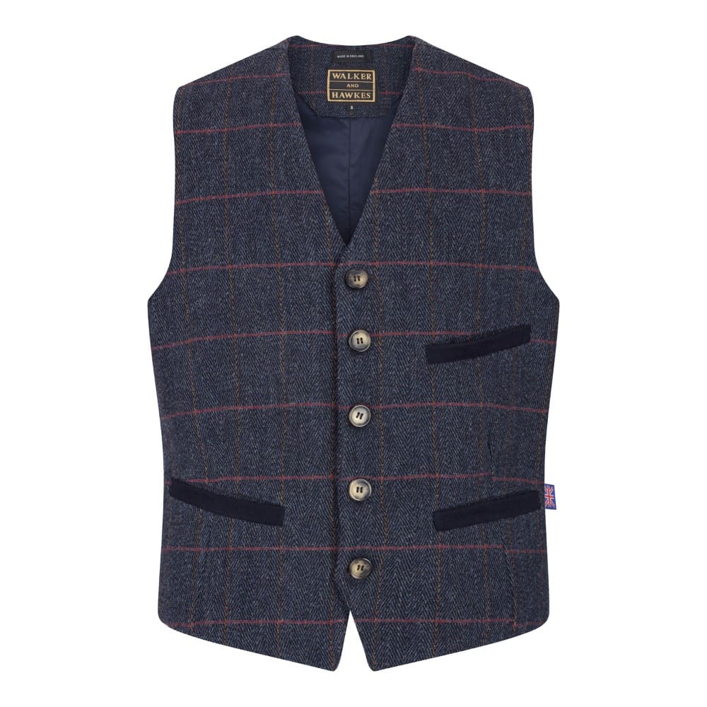 Gilet nuovo da uomo in tweed blu notte con bottoni - Derby Tweed Alcott Waistcoat Navy