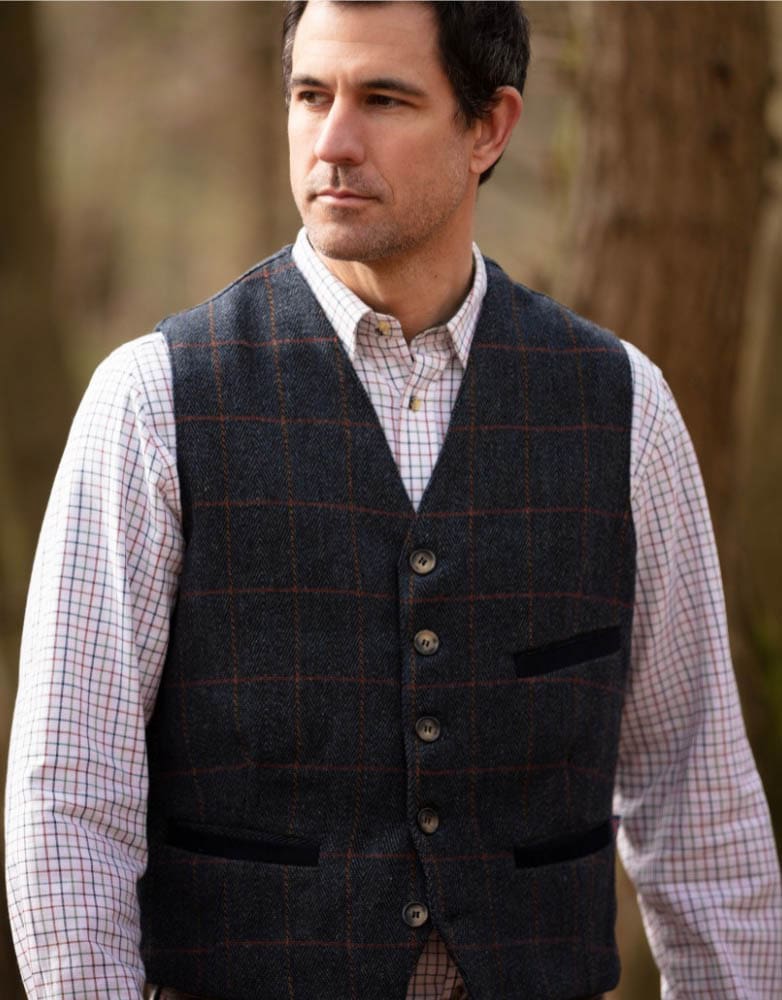 Gilet nuovo da uomo in tweed blu notte con bottoni - Derby Tweed Alcott Waistcoat Navy