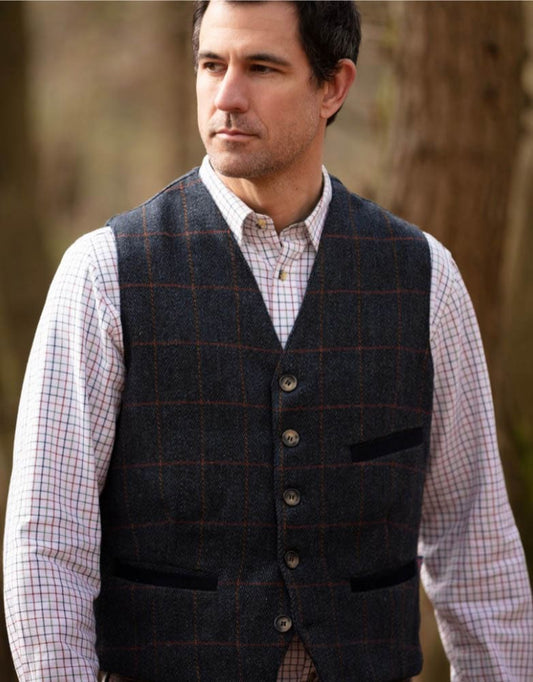 Gilet nuovo da uomo in tweed blu notte con bottoni - Derby Tweed Alcott Waistcoat Navy - Shop In London