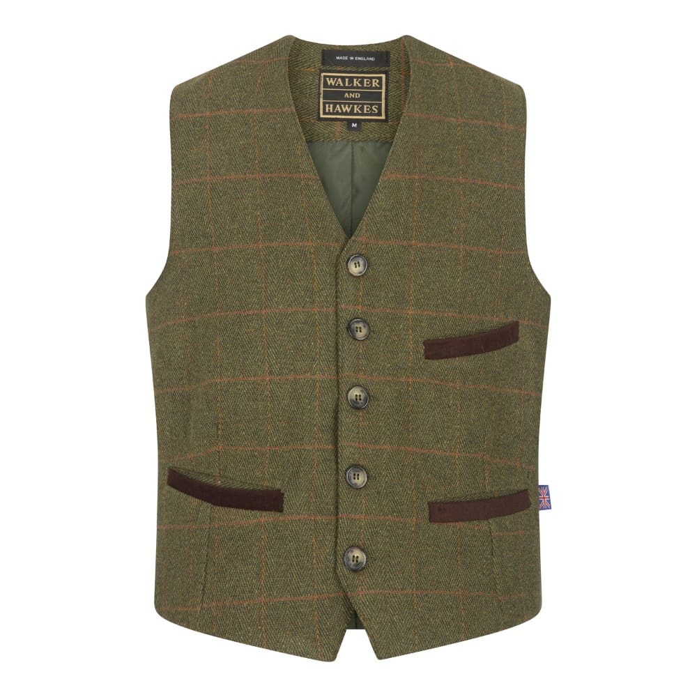 Gilet nuovo da uomo in tweed verde scuro con bottoni - Derby Tweed Alcott Waistcoat Dark Sage