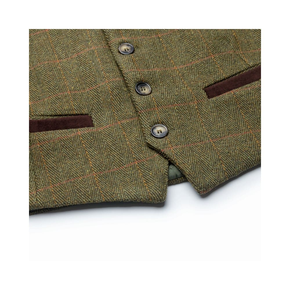 Gilet nuovo da uomo in tweed verde scuro con bottoni - Derby Tweed Alcott Waistcoat Dark Sage