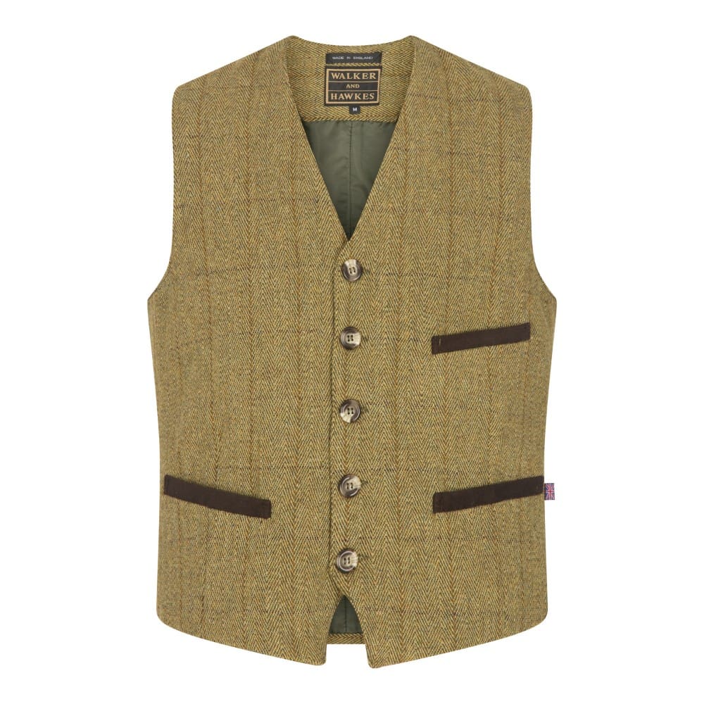 Gilet nuovo da uomo in tweed verde chiaro con bottoni - Derby Tweed Alcott Waistcoat Light Sage