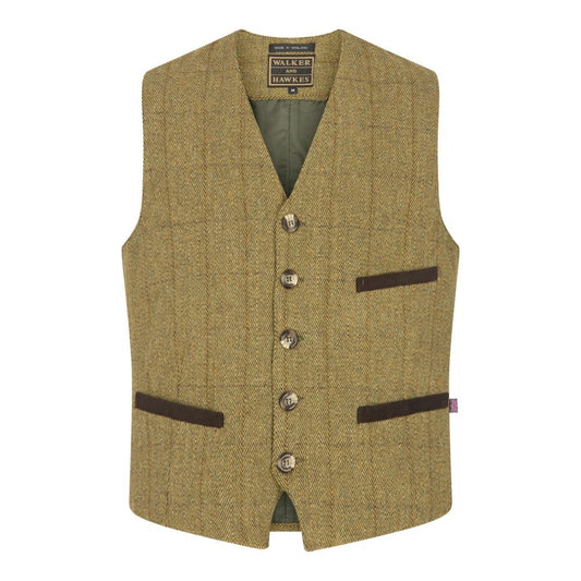 Gilet nuovo da uomo in tweed verde chiaro con bottoni - Derby Tweed Alcott Waistcoat Light Sage