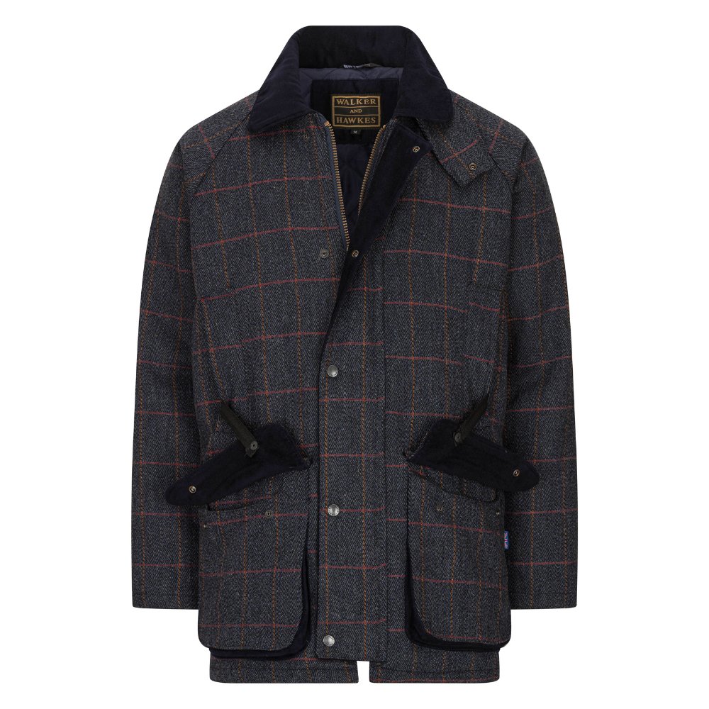 Giaccone nuovo da uomo imbottito e impermeabile in tweed blu in lana Man Derby Tweed Barlaston Jacket