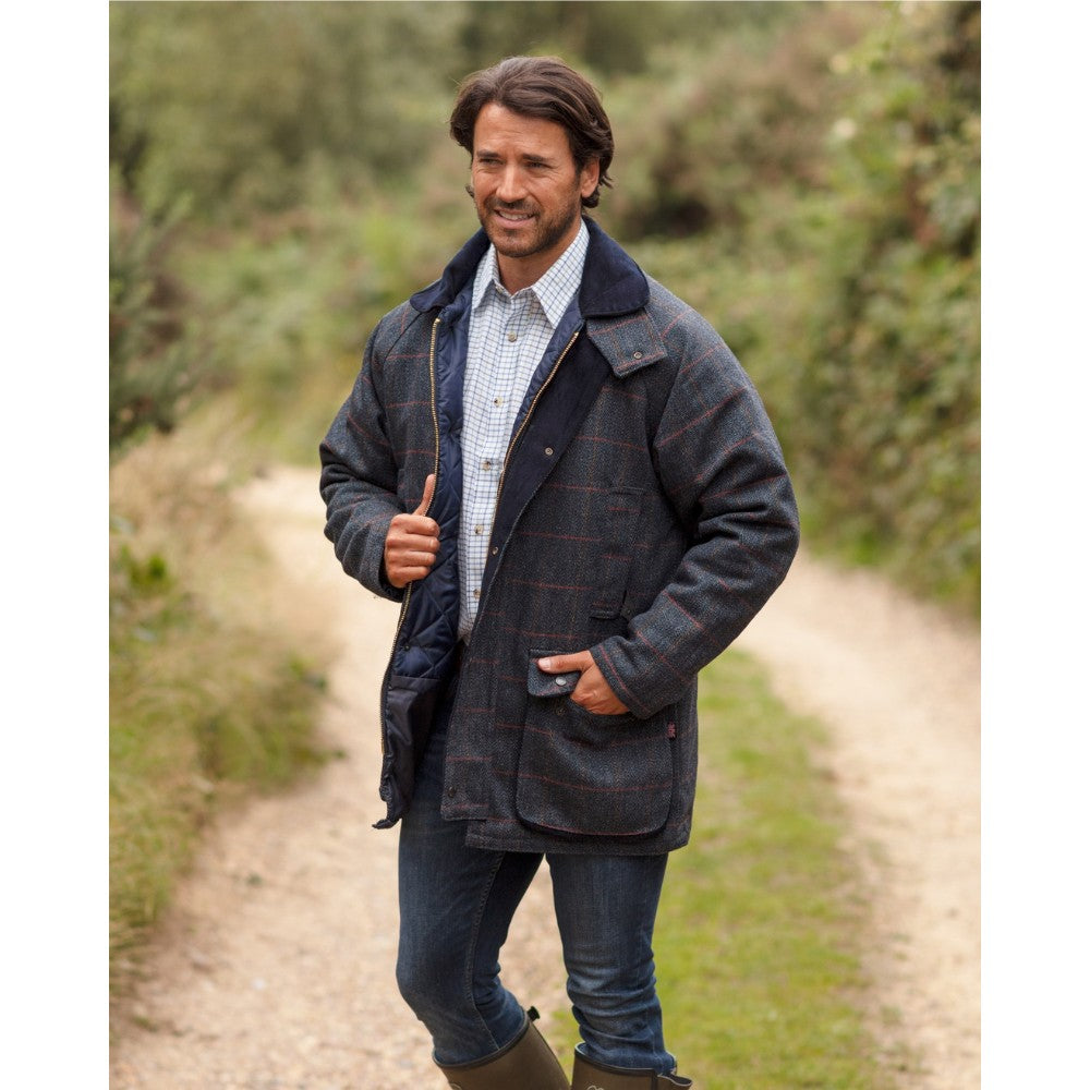 Giaccone nuovo da uomo imbottito e impermeabile in tweed blu in lana Man Derby Tweed Barlaston Jacket