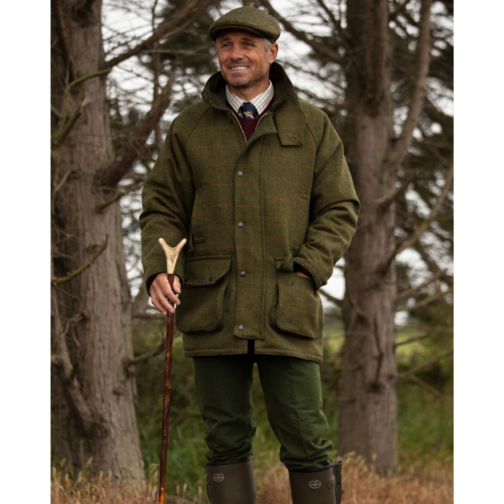 Giaccone nuovo da uomo imbottito e impermeabile in tweed verde scuro in lana Man Derby Tweed Barlaston Jacket
