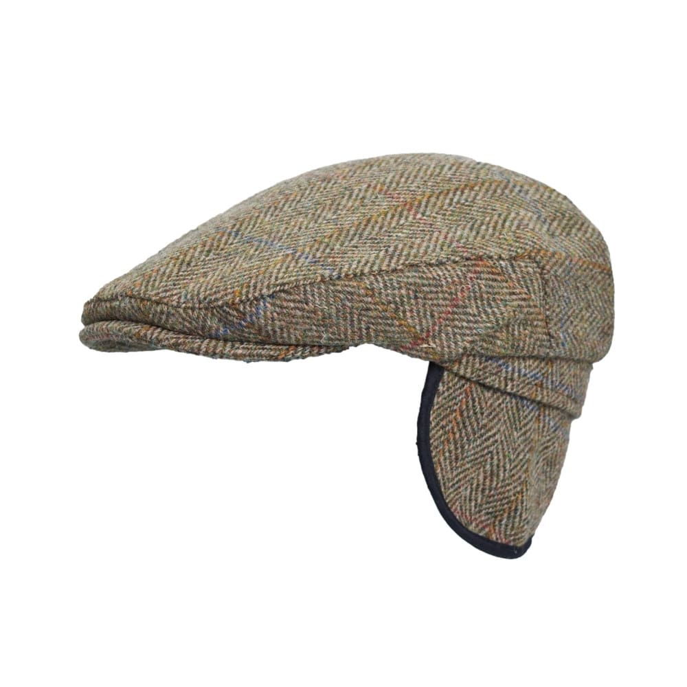 Coppola in lana Harris Tweed verde con paraorecchie - Harris Tweed Flat cap with ear flaps