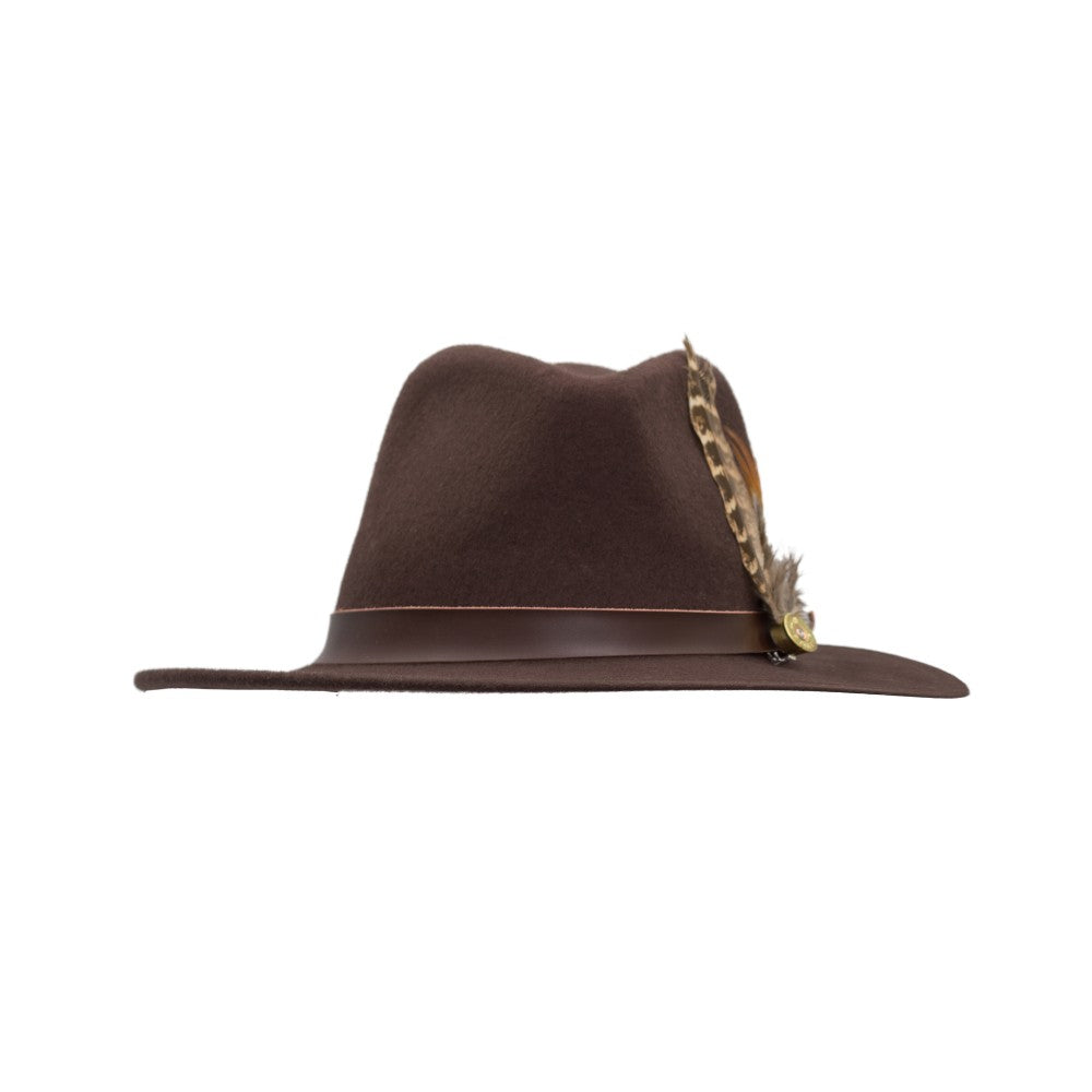 Cappello Fedora inglese unisex con inserti pelle e piume di colore marrone