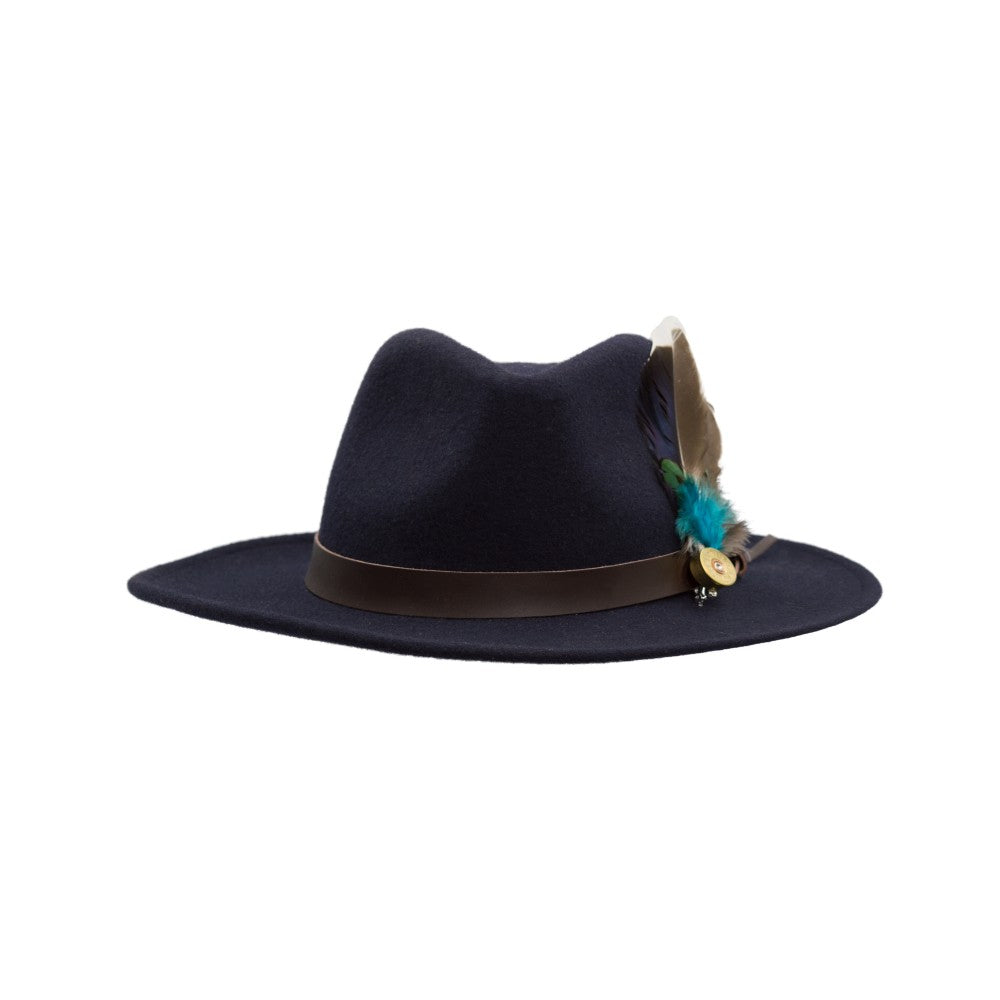 Cappello Fedora inglese unisex con inserti pelle e piume di colore blu notte