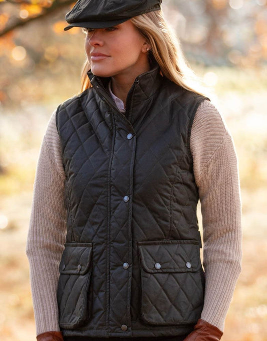 Gilet nuovo da donna cerato inglese colore verde - Lady Wax Olive Quilted Gilet - Shop In London