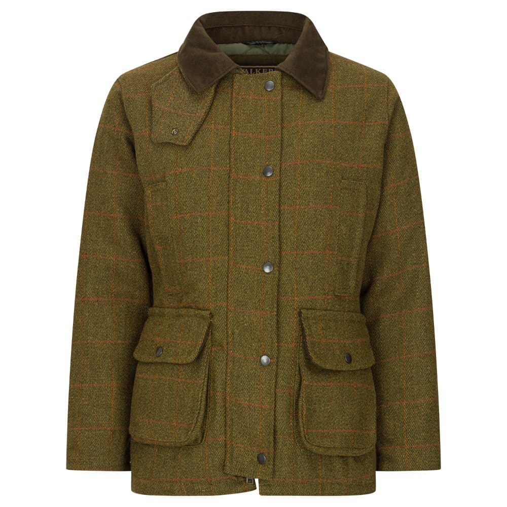 Giaccone nuovo da donna imbottito e impermeabile in tweed verde curo in lana Lady Derby Tweed Shooting Jacket - Shop In London