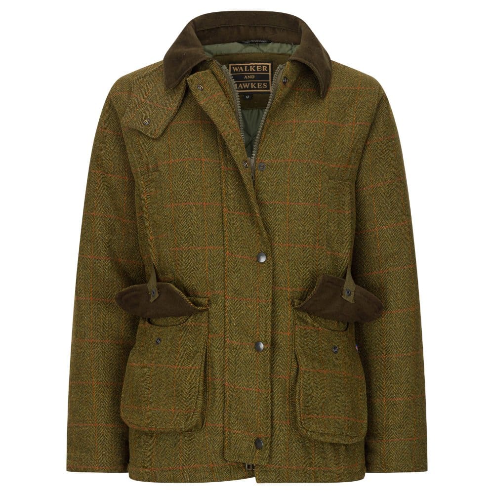 Giaccone nuovo da donna imbottito e impermeabile in tweed verde curo in lana Lady Derby Tweed Shooting Jacket - Shop In London