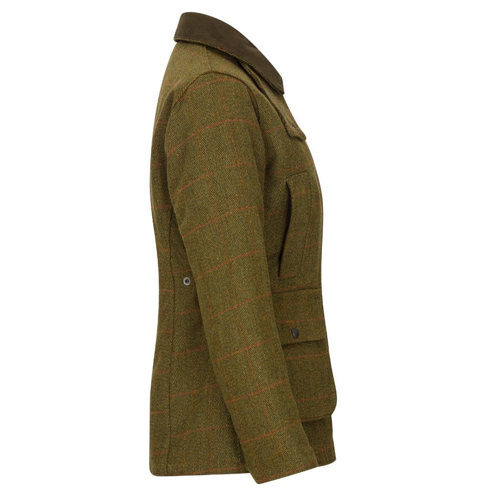 Giaccone nuovo da donna imbottito e impermeabile in tweed verde curo in lana Lady Derby Tweed Shooting Jacket - Shop In London