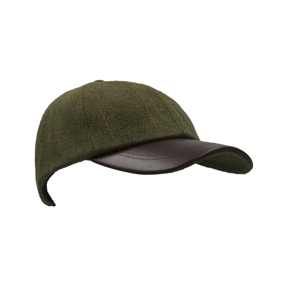 Cappellino da Baseball verde scuro in tweed con visiera in pelle taglia unica - Tweed Dark Sage Baseball Cap with leather peak
