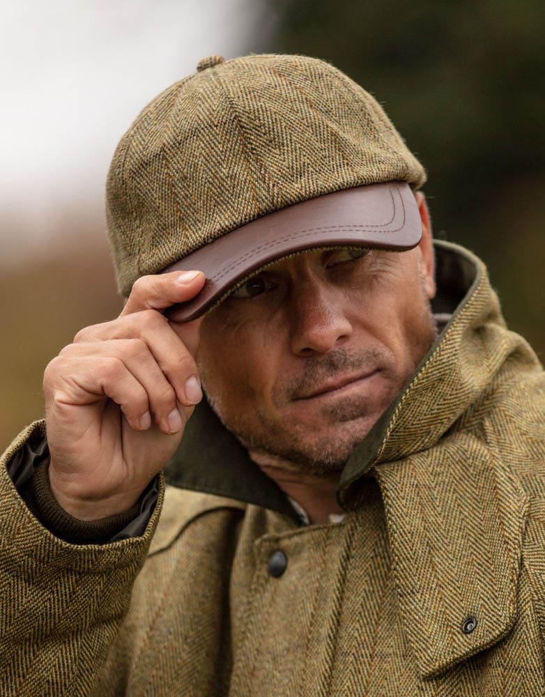 Cappellino da Baseball verde chiaro in tweed con visiera in pelle taglia unica - Tweed Light Sage Baseball Cap with leather peak