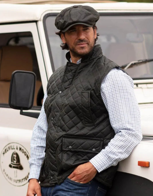 Gilet nuovo da uomo cerato trapuntato inglese colore verde - Man Wax Olive Quilted Gilet - Shop In London
