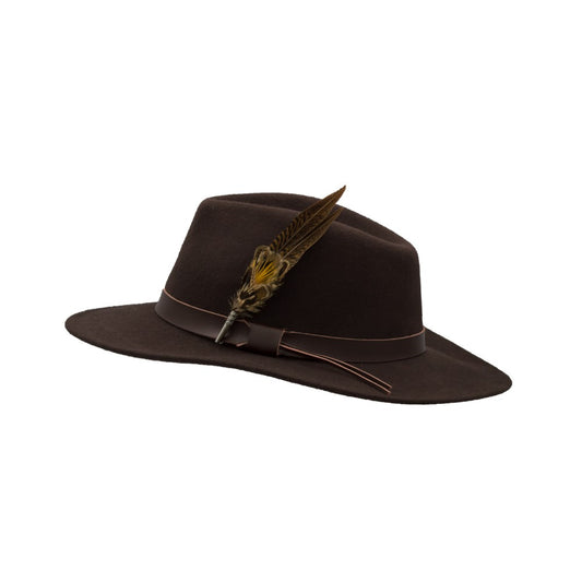 Cappello Fedora in lana inglese unisex con inserti pelle e piume di colore marrone