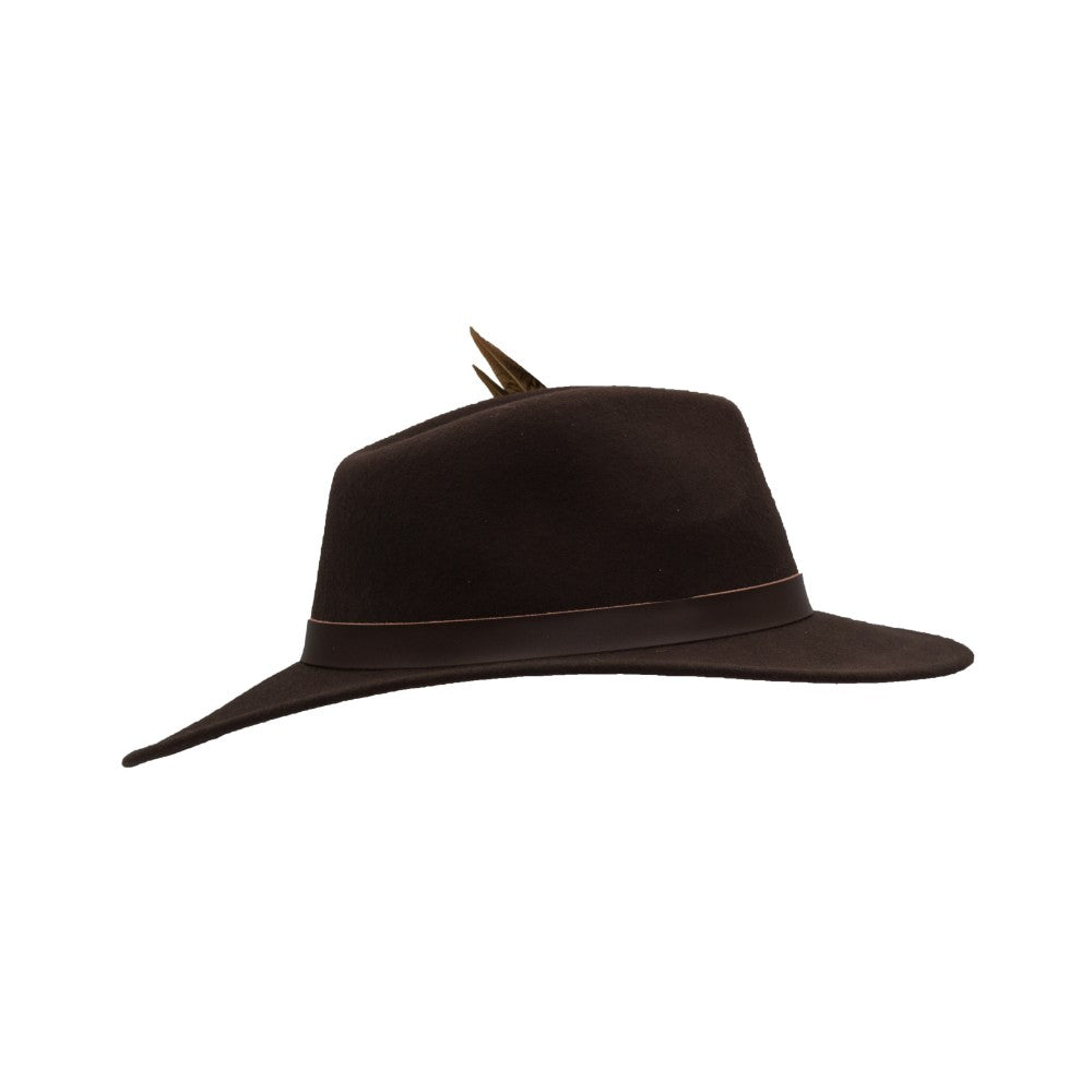 Cappello Fedora in lana inglese unisex con inserti pelle e piume di colore marrone