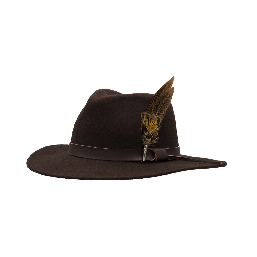 Cappello Fedora in lana inglese unisex con inserti pelle e piume di colore marrone