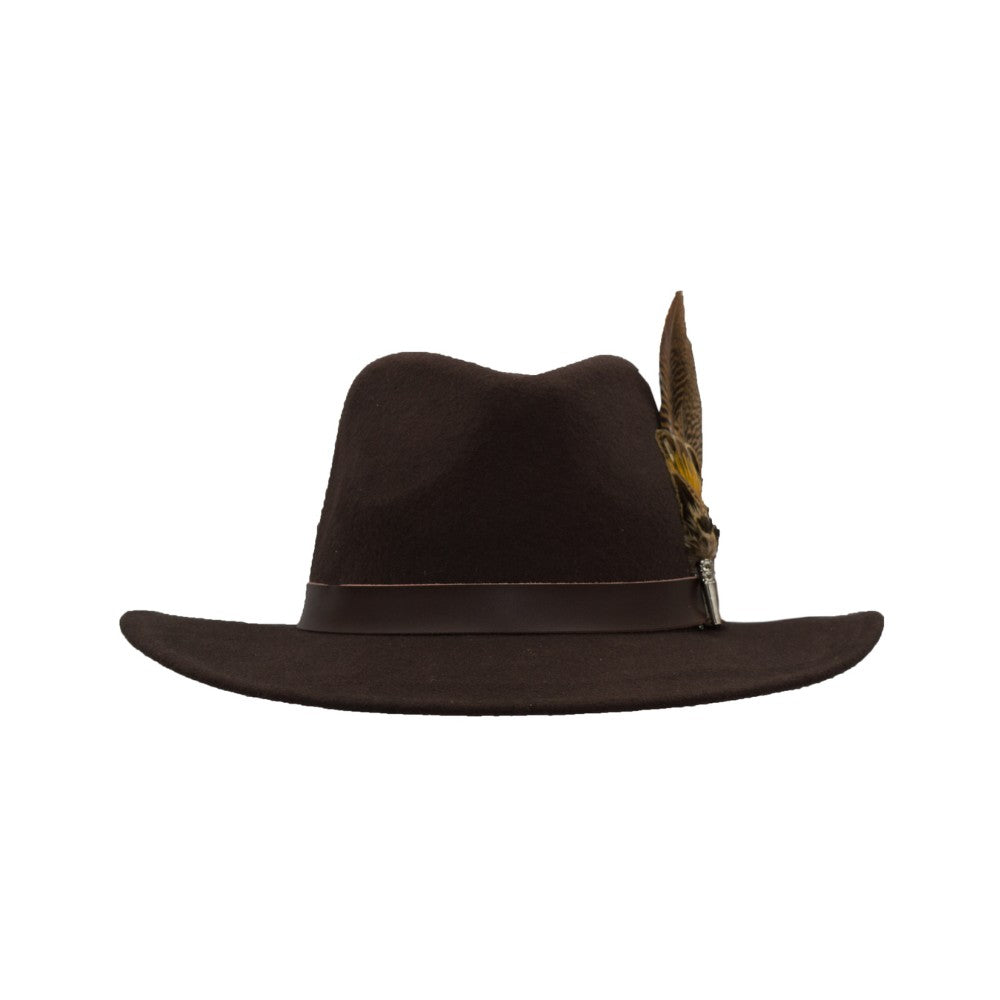 Cappello Fedora in lana inglese unisex con inserti pelle e piume di colore marrone