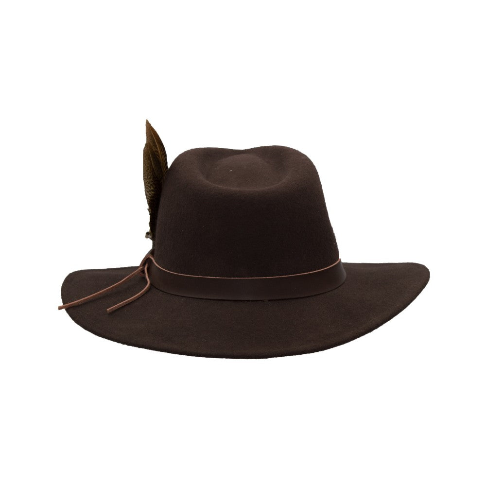 Cappello Fedora in lana inglese unisex con inserti pelle e piume di colore marrone