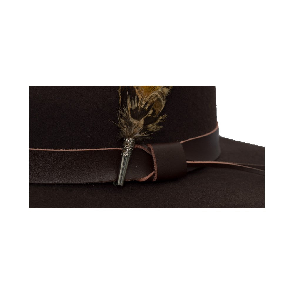 Cappello Fedora in lana inglese unisex con inserti pelle e piume di colore marrone