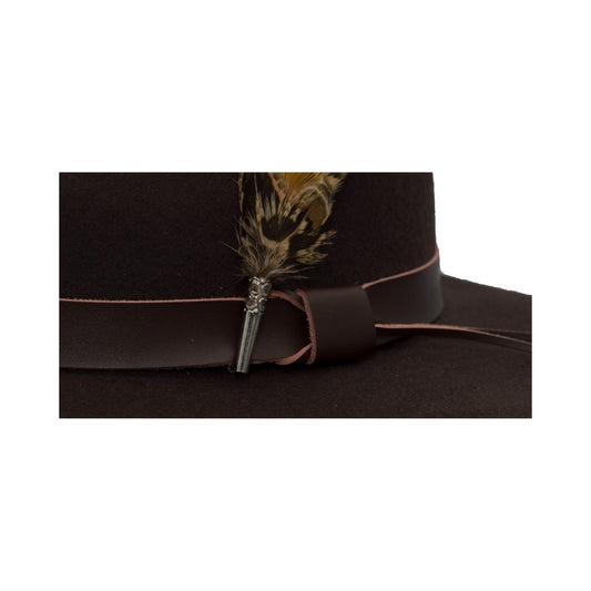 Cappello Fedora in lana inglese unisex con inserti pelle e piume di colore marrone