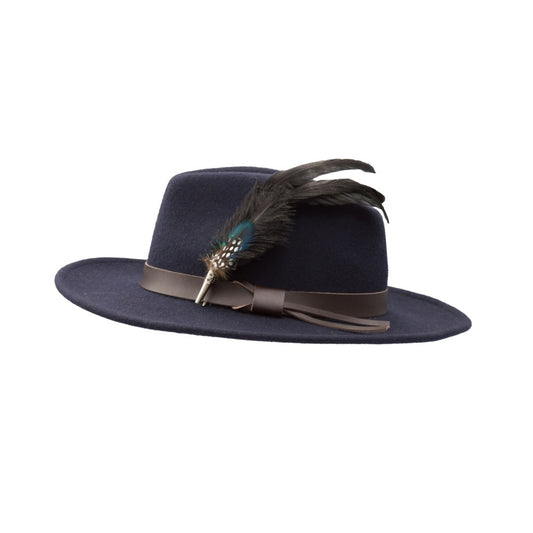 Cappello Fedora inglese unisex con inserti pelle e piume di colore blu notte