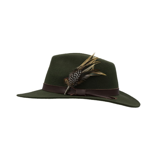 Cappello Fedora in lana inglese unisex con inserti pelle e piume di colore verde scuro