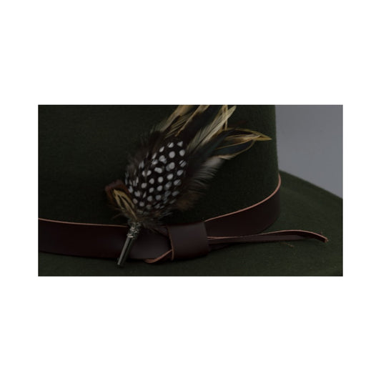 Cappello Fedora in lana inglese unisex con inserti pelle e piume di colore verde scuro