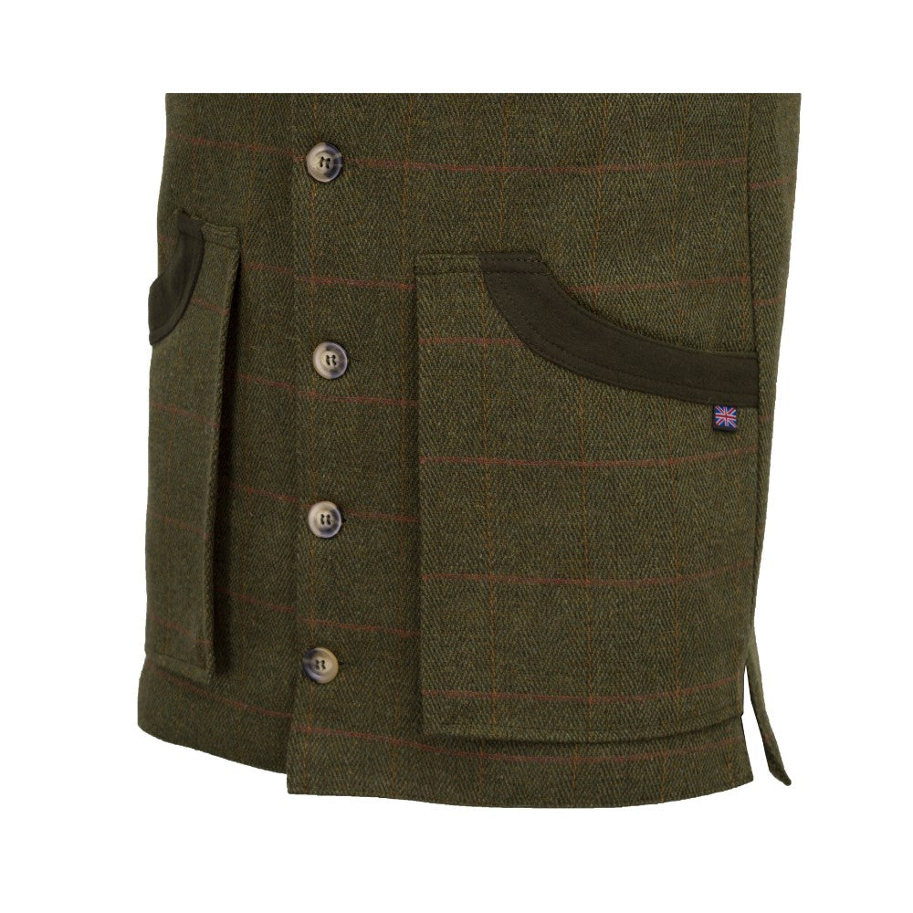 Gilet nuovo da uomo in tweed verde scuro con inserti in Moleskin Derby Tweed Winston Waistcoat
