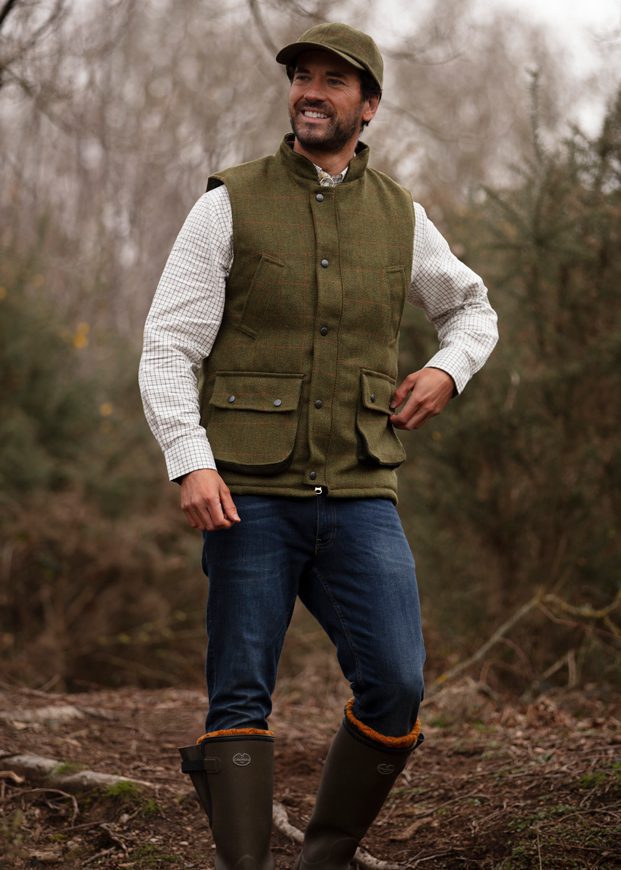Gilet Derby tweed nuovo in inglese verde scuro