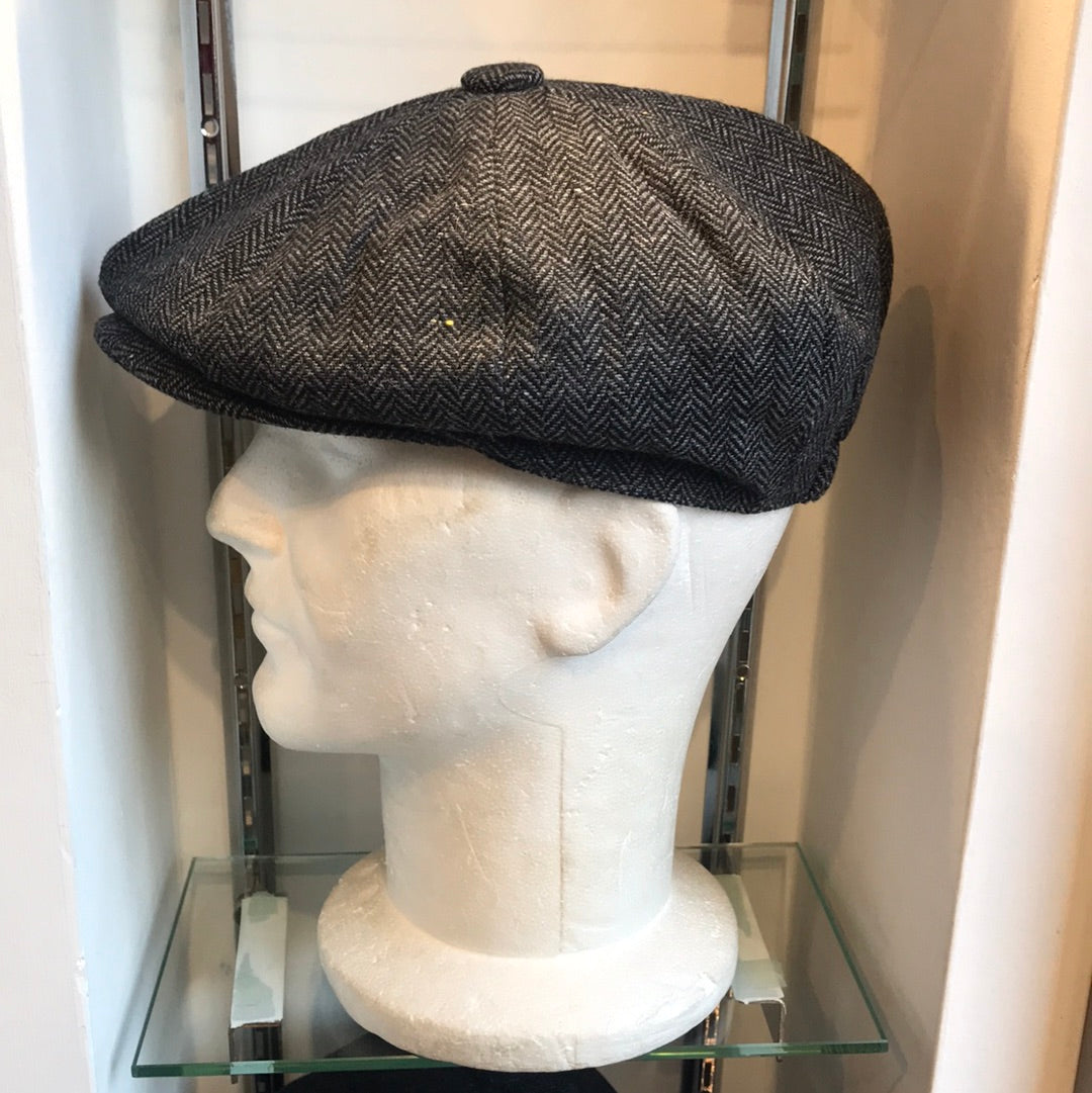 Coppola nuova Peaky Blinders in lana spigata grigio e nera